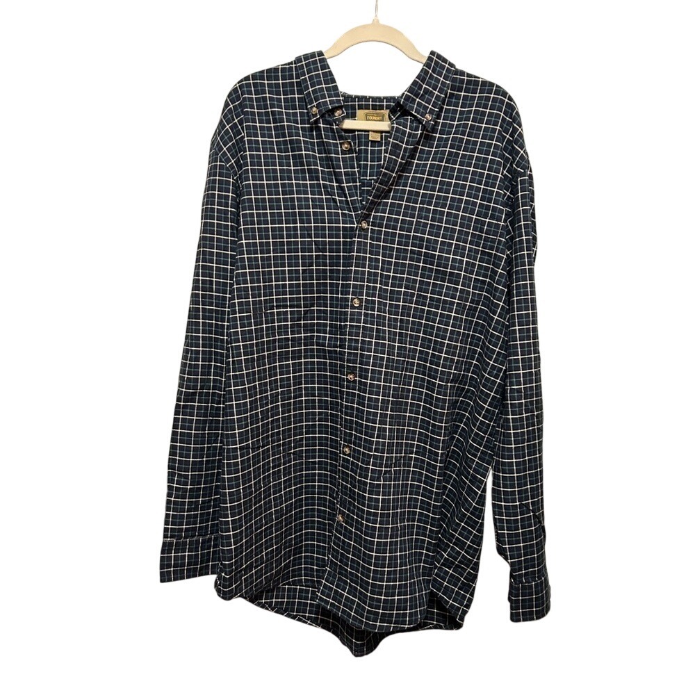 THE FOUNDRY Oxford Shirt Long Sleeve Mens XLT Tall Flannel Plaid Blue‎ Stretch
